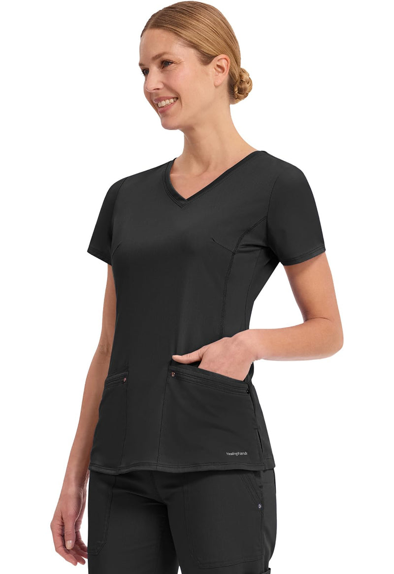 Healing Hands Women's Scrub Top V-Neck with 2 Pockets, 2-Way Stretch, and Yoga Knit Side Panels for Slim Fit- 2245 Medium Black