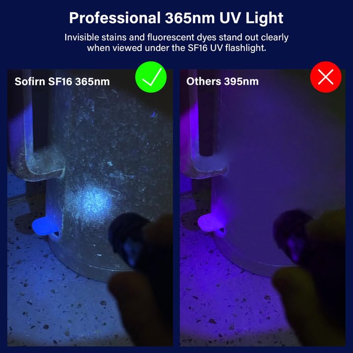 365nm UV Flashlight, Sofirn SF16 Rechargeable Powerful UV Flashlight with Tail Switch for Detecting Pet Dog Urine, Unveil Invisible Stains, High Definition Pure Ultraviolet（Battery Included） Black