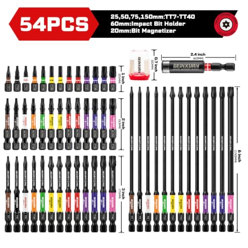 Geinxurn Impact Security Torx Bit Set, 1”/2”/3”/6” 54pcs Magnetic (TT7-TT40) S2 Steel Star Bits with 1/4 Hex-Shank, Long Extension Tamper Proof Screwdriver Bits Stored in Color Coded Base 1 2 3 6 Inch