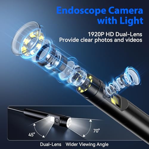 Endoscope Camera with Light, Dual-Lens 1920P HD Borescope Tools with 8+1 Adjustable LED Lights, 16.4FT Semi-Rigid Snake Cord IP67 Waterproof Inspection Camera for iPhone, iPad, iOS and Android Phone Dual Lens