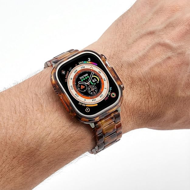 Band with Case Compatible with Apple Watch 49mm Ultra 3 2 1, [No Screen Protector] Women Men Fashion Resin Strap Bumper for iWatch Ultra Tortoiseshell-Titanium Ultra 3 2 1,49mm