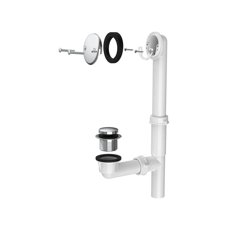 1-1/2"" White Tubular Bath Drain Kit with Tip-Toe Bath Drain Stopper, Touch-Toe Tub Drain, Tip Toe Bathtub Drain Waste and Overflow with Plug and Bathtub Overflow Drain Cover, Plated Chrome