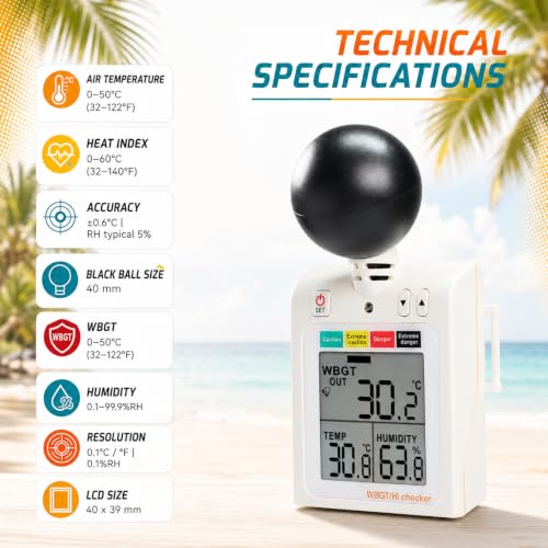 Wearable WBGT Heat Index Meter | Portable 40mm Black Ball Heat Stress Tester Air Globe Temperature Humidity Tester with Dangerous Level Indicator, 4-Level LED/Buzzer Alarm, Tripod Mount & IN/OUT Modes