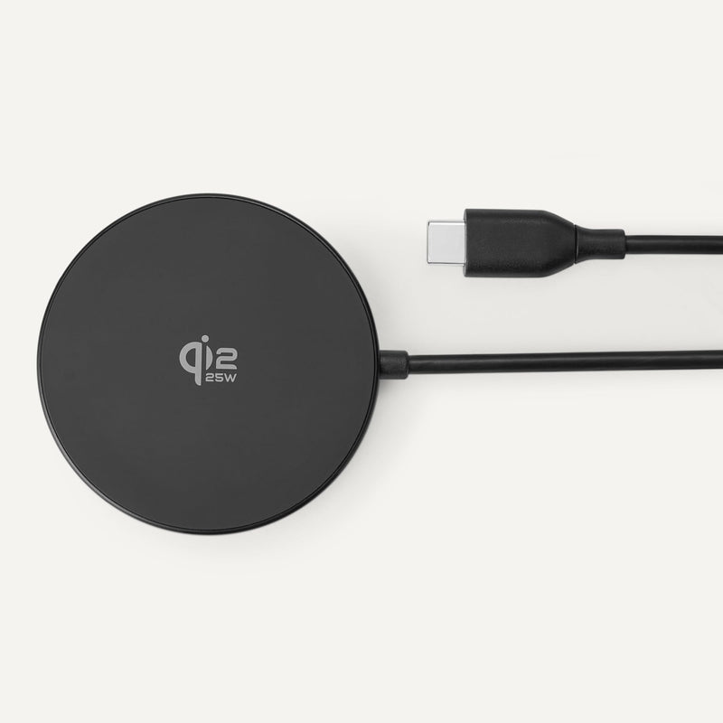 Amazon Basics 25W Qi2.2 Certified Wireless Charging Pad, MagSafe Compatible for iPhone 17/16/15/14/13/12, Magnetic Compatible for Android, Google Smartphones, Black (Adapter Not Included) 2.36x2.36x0.32 inches