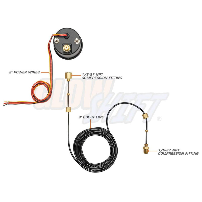 GlowShift Tinted 7 Color 60 PSI Turbo Boost Gauge Kit - Includes Mechanical Hose, 1/8-27 NPT Fittings & Wiring - Multi-Color Display - Black Dial - Smoked Lens - for Diesel Trucks - 2-1/16" 52mm