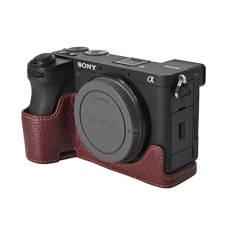 A6700 Case, BMAOLLONGB Handmade Litchi Genuine Real Leather Half Camera Case Bag Cover for Sony Alpha A6700 Bottom Opening Version + Hand Strap (Coffee) Coffee