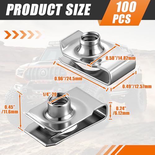 LEIFIDE 100 Pcs 1/4" - 20 Stainless Steel Regular Extruded U Type Nuts
