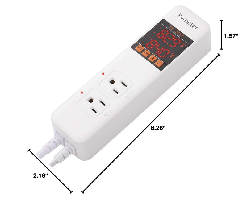 Digital Temperature Controller Dual Probe Reptile Thermostat Controlled Outlet for Terrarium Heat Mat Heating Pad, Switch Cooling Fan Freezer Fridge ON & Off at Setpoints 10A 1200W PY-20TT-10A