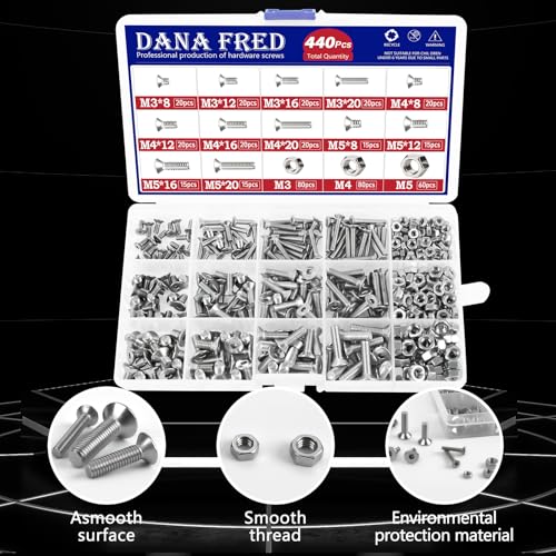 440 Pieces Flat Hex Socket Head Cap Screws Kit 304 Stainless Steel M3 M4 M5 Metric Thread Hexagon Allen Head Drive Countersunk Machine Bolts Nuts Standard Fastener Hardware Assortment Kit Set M3M4M5-440pcs