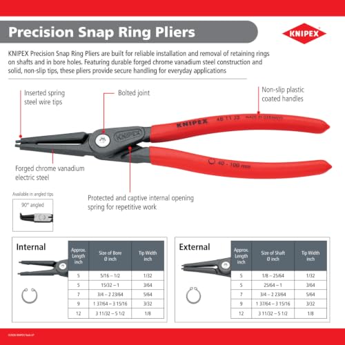 KNIPEX - 49 11 A2 Tools - Precision Circlip Pliers, External, Straight, 3/4-2 23/64" Shaft Dia. (4911A2)