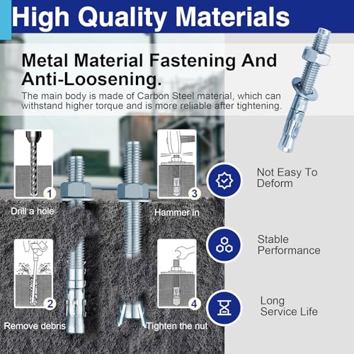 100PCS 1/4" x 3-1/8" Concrete Anchor Bolts, Carbon Steel Wedge Anchors 1/4" × 3-1/8" 100