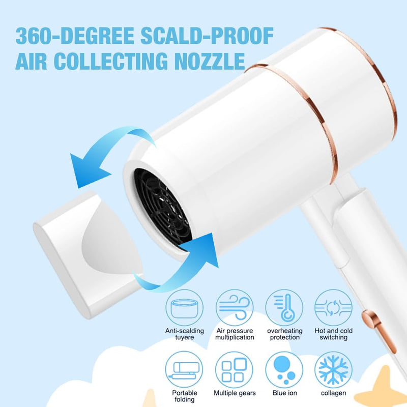 Travel Hair Dryer, Foldable Travel Professional Hair Dryer, Small Blow Dryer with Concentrator, Blow Dryer with Heating and Cool, Fast Drying Ionic Hairdryer for Women, Men, Salon, Home(White)
