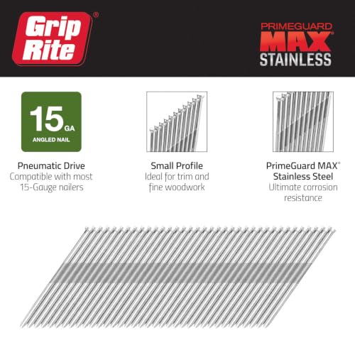 Grip Rite Prime Guard MAXB64902 1-1/2-inch 316 Stainless Steel 15 Gauge "DA"-style Angled Finish Nail, 500 per Belt Clip
