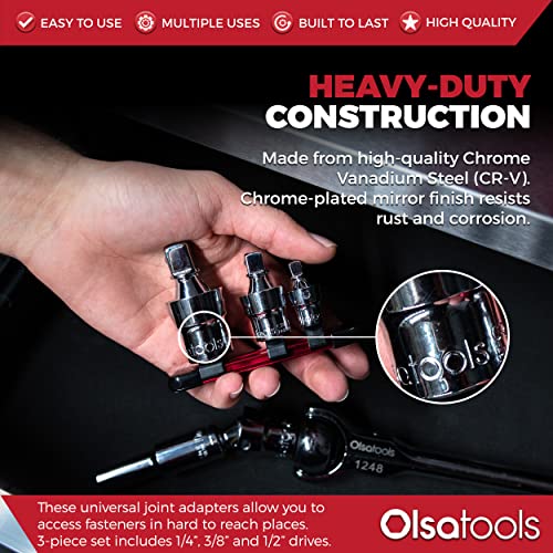 Olsa Tools Universal Joint Set - 3 Pc 1/2",3/8" & 1/4" Drive - Swivel U-Joint Socket Kit with Aluminum Rail - Ball and Angle Socket Adapters - Part 1243 1/4, 3/8 & 1/2" Drive Regular