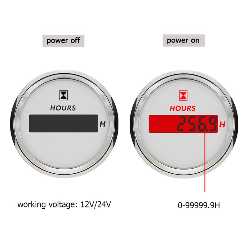 2 Inch/52mm Engine Hour Meter 0-99999.9H Adjustable Hourmeter 12V 24VDC for All Cars Boats (White&Silver) White&Silver