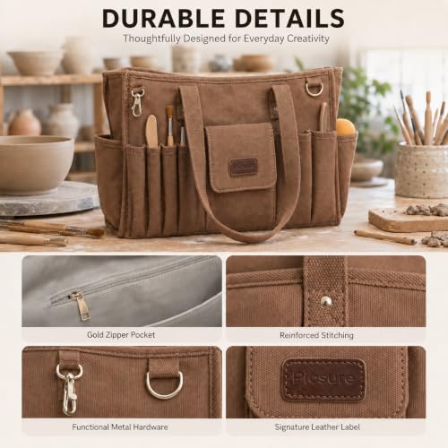 Pottery Tool Bag with Multiple Pockets, Art Supply Tote for Clay Tools brown