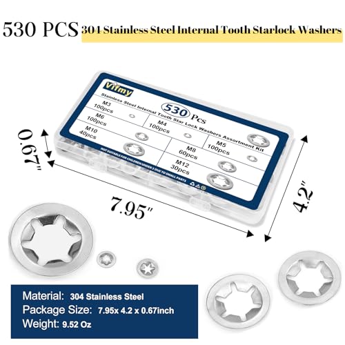 Internal Tooth Starlock Washers Push Nuts Assortment (M3-M12) 530Pcs Internal Tooth Star Lock Washer 530