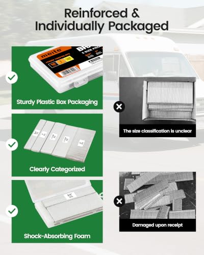 meite 18 Gauge Stainless Steel Brad Nails, Assorted 5 Sizes (3/4",1", 1-1/4", 1-1/2", 2") Universal Finish Nails for Pneumatic, Electric 18GA Brad Nail Gun Nailer, Multi-Pack 2,000-Count Assorted 5 Sizes (2000 PCS) 1 Box