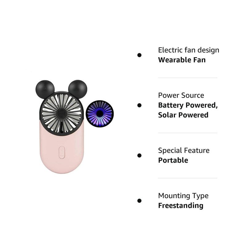 Cute Personal Mini Fan, Handheld & Portable USB Rechargeable Fan with Beautiful LED Light, 3 Adjustable Speeds, Portable Holder, for Indoor Or Outdoor Activities, Cute Mouse (Pink) Pink