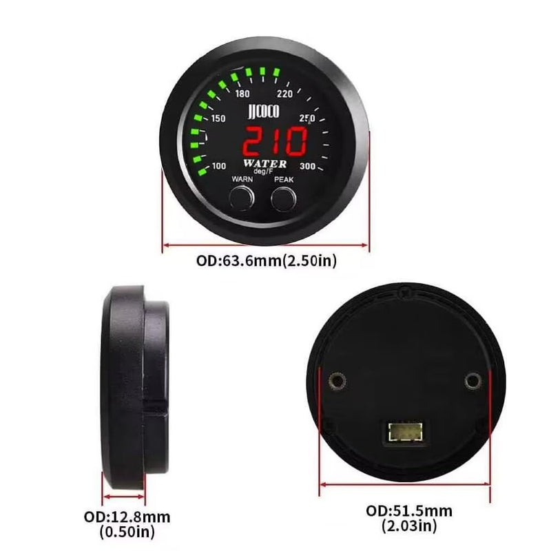 Universal 2Inch(52mm) Water Temperature Gauge with Alarm and 1/8NPT Sensor Car Digital Meter Temp 100-300F(-17~187C) Green Display Green water temperature gauge