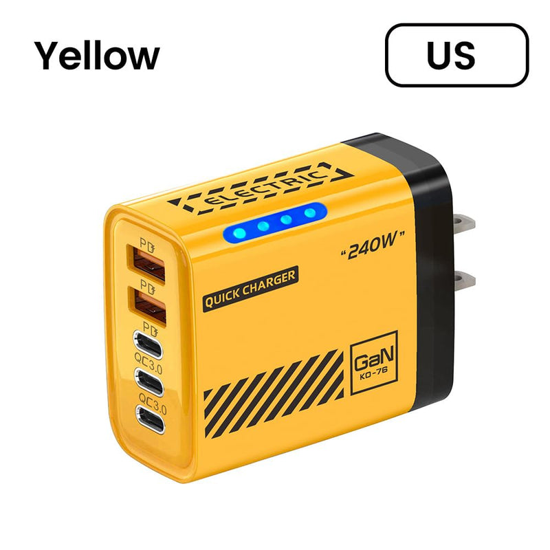 1Pcs Mini 240W Charger with 5 Ports Fast Charging Power Adapter (US,Yellow) | with Lamp Double USB Type-C+3PD 3.0 Smart Fast Charging Plug for IPhone Samsung Universal,Non-Battery US,Yellow