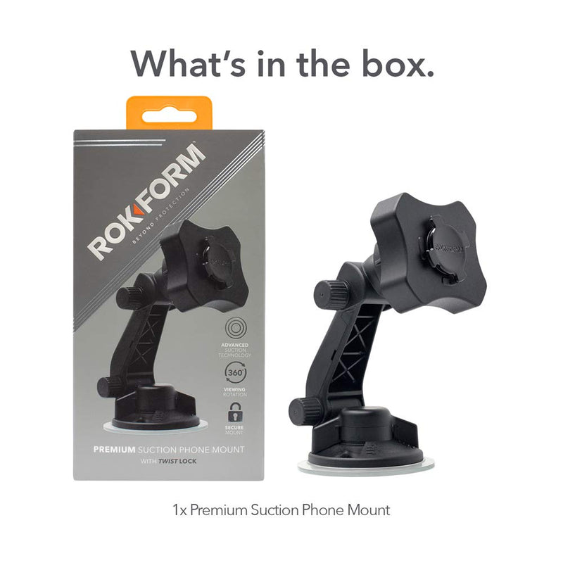 Rokform - Adjustable Windshield Phone Mount Secured by Strong Suction Cup Base, 210 Degrees of Tilt and 360 Degree of Rotation Phone Holder Compatible with ALL Rokform Twist Lock Cases | 210° of Tilt and 360° of Rotation, For Rokform Rugged or Crystal ...