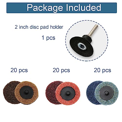 2 Inch Sanding Discs Assortment,Surface Conditioning Discs,Quick Change Design,Coarse/Medium/Fine 60 Pcs and 1/4'' Pad Holder 1Pcs. Brown-Coarse,Red-Medium,Blue-Fine