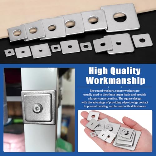 Glarks 100pcs M3 M4 M5 M6 M8 M10 M14 Square Washers Assortment Set, 15 Sizes 304 Stainless Steel Square Plate Washers with Round Hole, Rectangular Washers, Square Washers Plate for Hardware Fixing