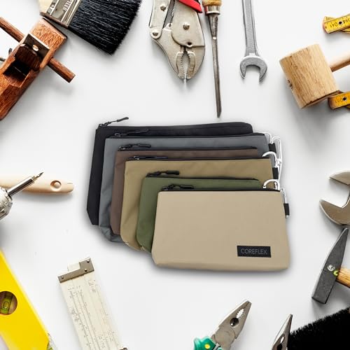 COREFLEX Premium Tool Pouch Zipper Bag, Small Tool Bag, Multipurpose Storage pouch, Heavy duty Flat Bottom Tool bag with YKK Zipper (6 pack Combo mixed size) 6 pack Combo mixed size Khaki