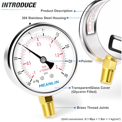 MEANLIN MEASURE -30inHG~30Psi Stainless Steel 1/4" NPT 2.5" FACE DIAL Vacuum Pressure Gauge, Lower Mount, with 1/2" NPT and 3/8" NPT Hex Bushing -30inHG-30Psi