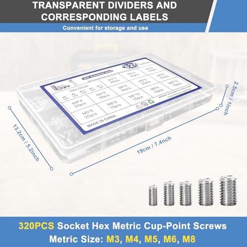 320 Pcs Metric Set Screw M3 M4 M5 M6 M8 Hex Socket Head Multi-Size Kit,304 Stainless Steel Set Screw Assortment Kit, for DIY & Professional Use with Storage Box