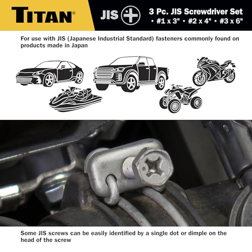 Titan 65885 3-Piece JIS Screwdriver Set with Magnetic Tips – Includes #1 x 3", #2 x 4", #3 x 6" – Designed for Japanese Standard Screws, Compatible with Japan-Made Cars, Trucks, and Motorcycles