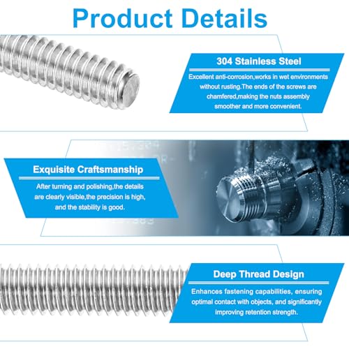 PATIKIL 3/8"-16 UNC 304 Stainless Steel Fully Threaded Rod, 15Pcs 2.8" Length Long Threaded Screw Right Hand Threads All Threaded Rod Studs for Anchoring Bolt, Clamps, Hangers and U-Bolts 3/8"-16 x 2.8"