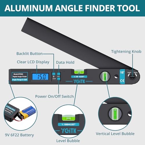 Digital Angle Finder 225°, Aluminum Protractor, Backlit LCD, Bubble Levels
