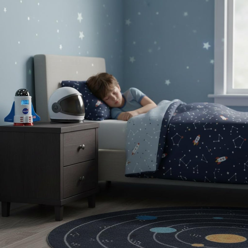 Sharp NASA Space Shuttle Night Light Alarm Clock – Wings and Booster Lights Up – Space Design Nightlight Fun with 4 Color Options and 2 Space Themes for Bedroom, Great Gift!