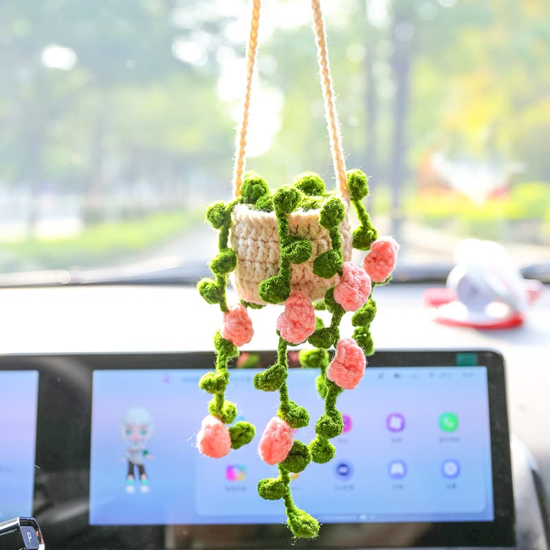 GZPCXMZ Boho Car Plant Crochet Hanging Accessories Crochet Plants for Car Rear View Mirror Cute Car Pink Plants for Women (002)