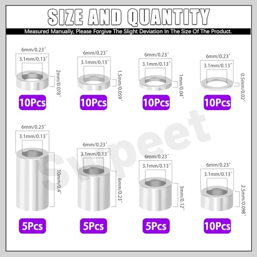 Swpeet 65Pcs 8 Sizes M3 Aluminum Spacer Assortment Kit, 3.1×6mm(ID×OD) Silver Aluminum Standoff Column Spacer, Round Spacer Unthreaded Standoff Bushing Plain Finish, Length 0.5/1/1.5/2/2.5/3/6/10mm Silvery