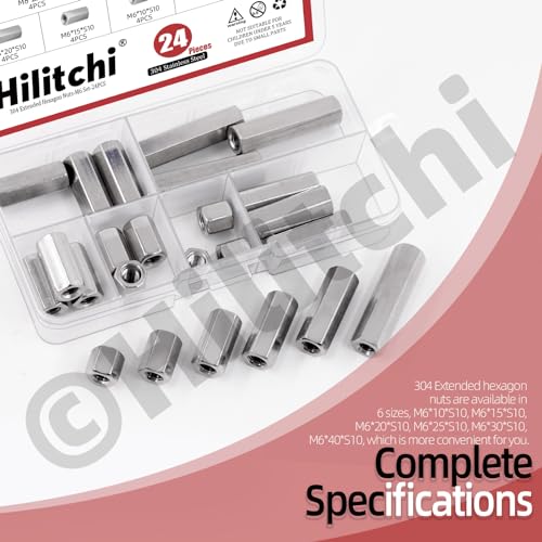 Hilitchi 24Pcs M6 Hex Coupling Nut 304 Stainless Steel Rod Coupling Nuts M6 Hexagon Coupling Nuts 10mm 15mm 20mm 25mm 30mm 40mm Metric Hex Coupling Nut Threaded Rod Connector for Office Equipment