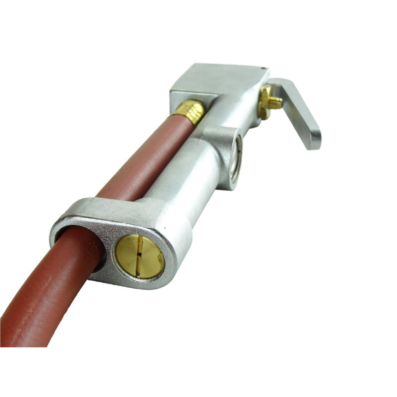 K Tool International 89002 Tire Inflator Gauge with Dual-Head Chuck for Garages, Repair Shop and DIY, 15" Air Hose, 1/4" NPT, 10 to 120 PSI, Chrome Plated Head, Weather Proof Aluminum Body, Angled Tip