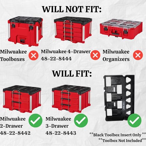 Custom ABS Plastic Insert for Milwaukee M12 Batteries, One Insert Fits 6 CP Batteries & 5 XC Batteries in a half drawer of a Milwaukee Packout 48-22-8442 & 48-22-8443 (Black) Black
