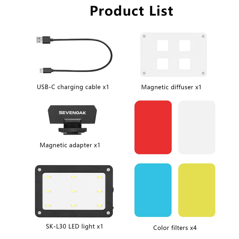 Sevenoak SK-L3 RGB Video Light, Built-in 1800mAh Rechargeable Battery for Professional DSLR Cameras, Photo Video, 9 Lamp LED Camera Light 4 Full Colors, CRI≥95 5500-6000K LED Video Light Panel (Black)