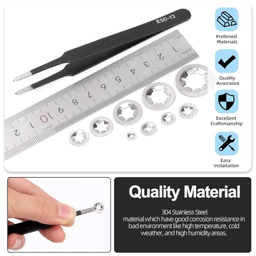 Glarks 210Pcs Metric M2 M2.5 M3 M4 M5 M6 M8 M10 M12 304 Stainless Steel Internal Tooth Star Lock Washers Assortment Kit External Push Rings Quick Speed Locking Washers with 1Pcs tweezer