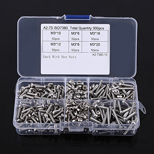 Button Head Hex Socket Head Bolts Screws Nut Assortment Kit, 300Pcs M3 Stainless Steel Hex Socket Screws Nuts with Storage Box, Fastener