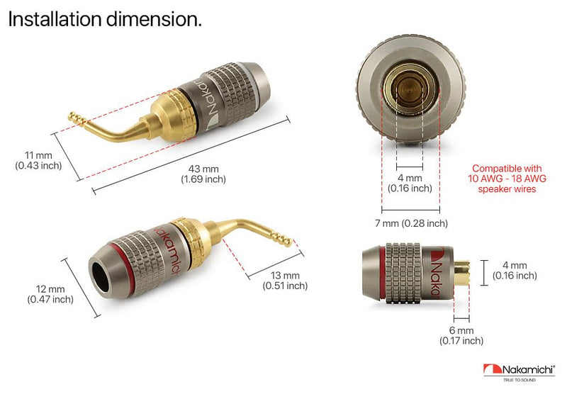 Nakamichi FanLock Excel Series 24k Gold Plated 2mm Pin Plug Banana 10 AWG - 18 AWG Gauge Size 4mm for Spring Clip Speakers Amplifier Hi-Fi Home Theatre Wire Cable Quick Connector, 10 Pcs (5-Pairs) 10 Pcs (5-Pairs)