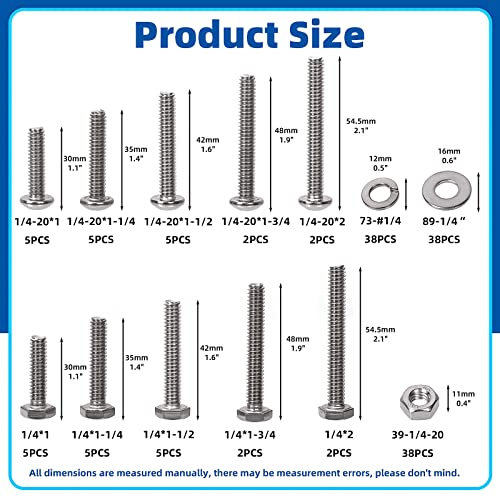 Glarks 152Pcs 1/4"-20 Phillips Pan Head Screws & 1/4" Outer Hexagon Screws with Hex Nuts and Flat Washers Lock Washers Assortment Kit, 304 Stainless Steel Hardware Machine Screws Assortment Set 1/4"