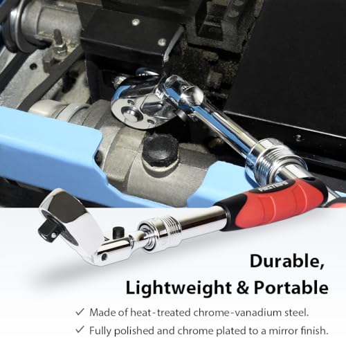 FIRSTINFO F3222NC 3/8-Inch Drive Locking & Flexible Extendable Ratchet Wrench Reversible, Soft-Grip with 72-Tooth Geared Action (Length: 10.2 to 14.1 inches)