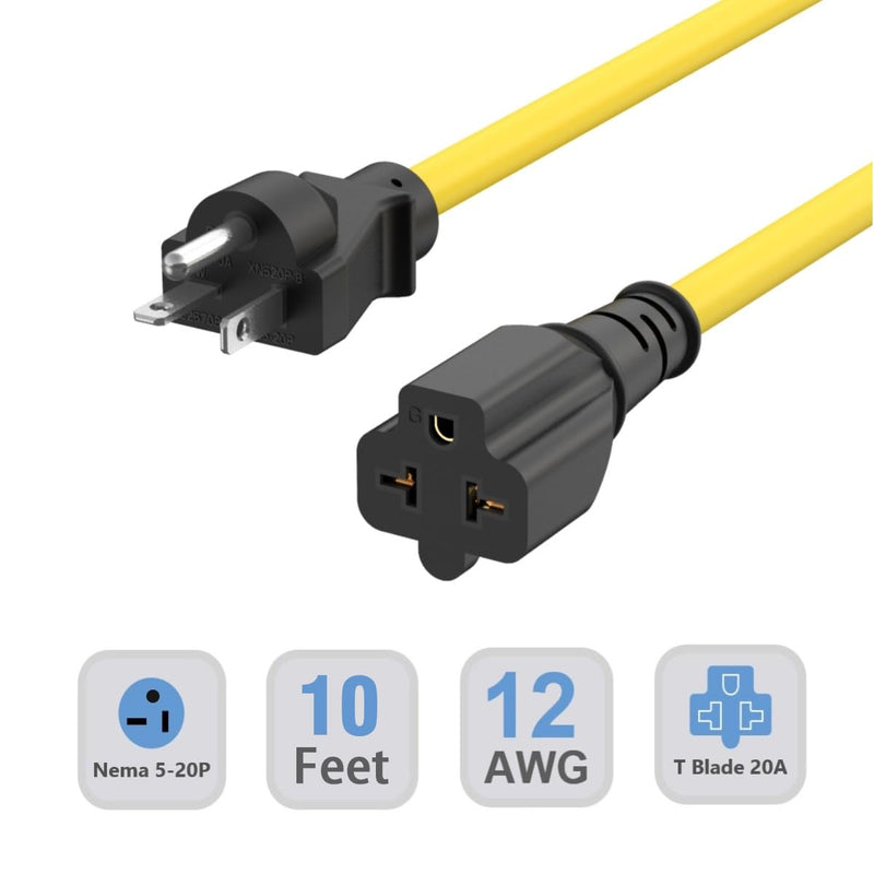 10-Ft Nema 5-20P Extension Cord 12AWG Nema 5-20 Heavy Duty Extension Cord 20Amp 125V Plug to 5-20R, 5-15R, 6-15R, 6-20R (4 in 1) Female T Blade 20-AMP Cable, 20A 125V Plug AC Power Cable