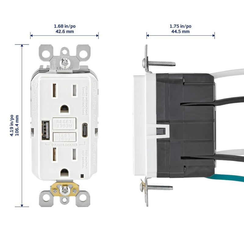 Leviton 15A SmartlockPro Self-Test GFCI Combination with Type A & Type-C USB in-Wall, USB Charger for Smartphones and Tablets, GUAC1-W 15A Type A/C USB w/GFCI White