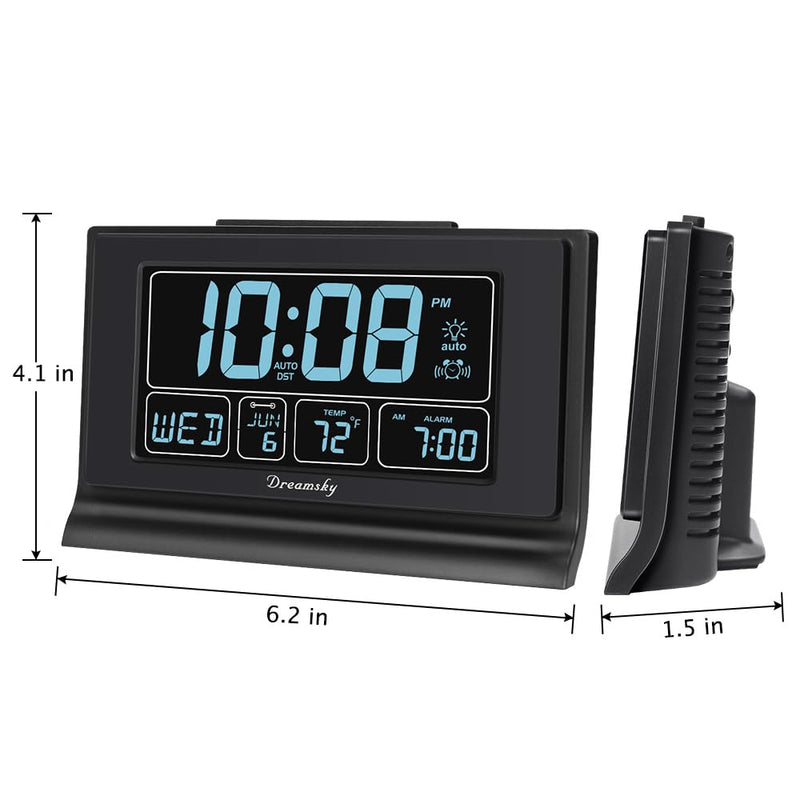 DreamSky Alarm Clocks for Bedrooms with Battery Backup, Auto Set Digital Clock with Date and Day of Week, Temperature, USB Port, Auto DST, Dimmer, 12/24H Black