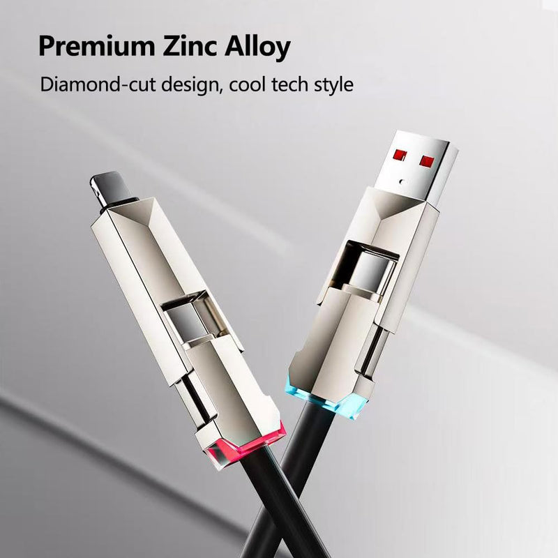 4 in 1 Spring Fast Charging Cable (2Pack), 240W USB-C PD Multi Fast Charging, 1.2m/5ft Coiled Retractable Cable for iPhone, Samsung, iPad, MacBook,Tablets - Black